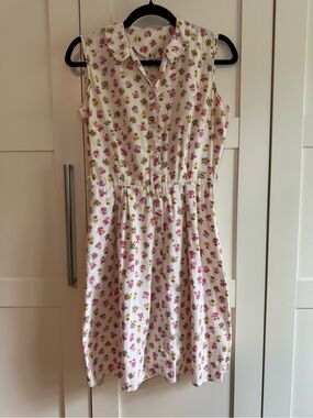 Sleeveless White Floral Shirt Dress - Pink & Yellow Print